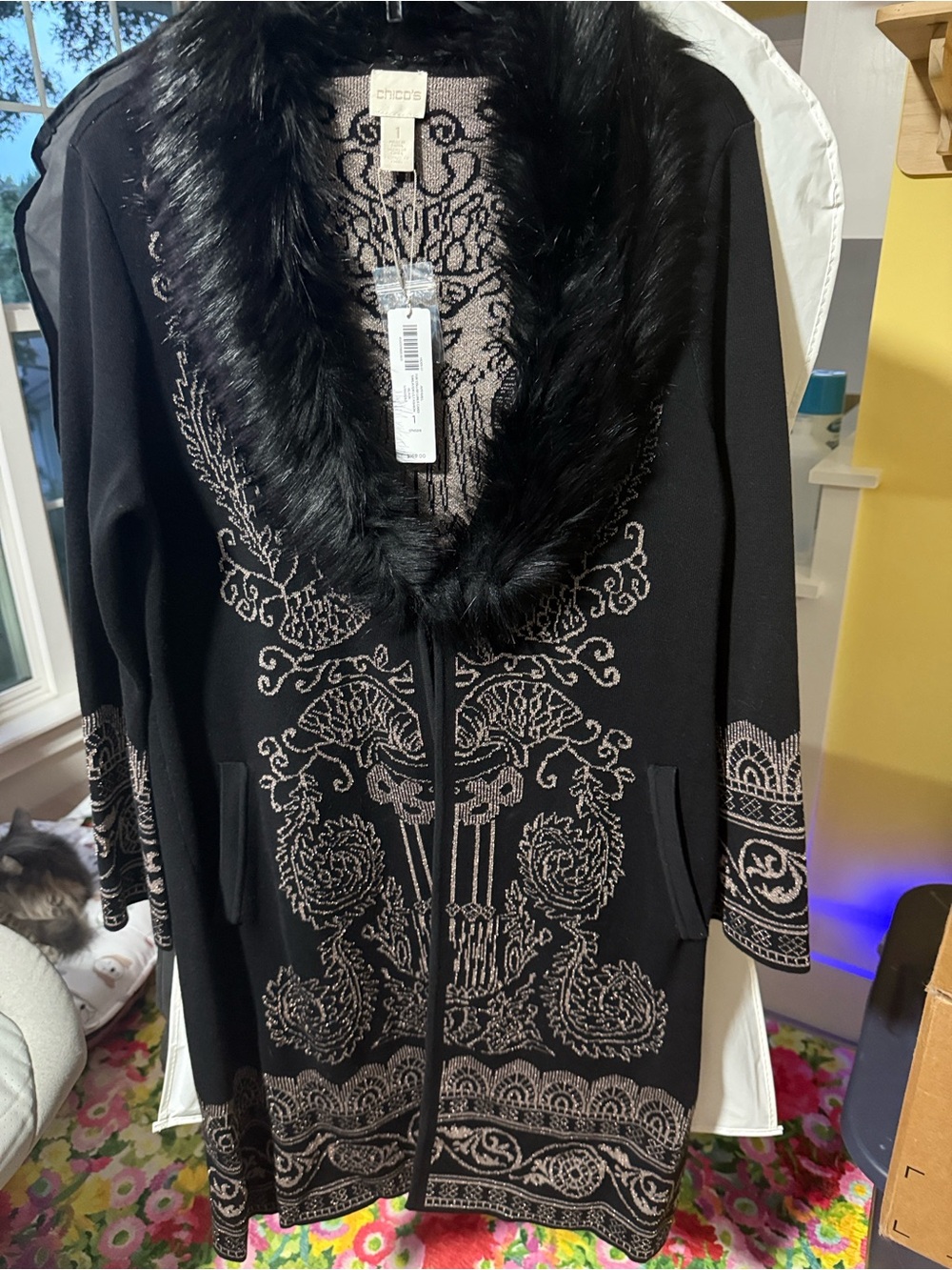Chico's Black Cardigan with Taupe Embroidered Motif and Faux-Fur Collar